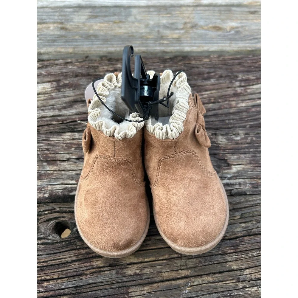 Wonder Nation Boots Girls Size 5 Brown Faux Suede Bow Knit Ruffle Ankle Boots